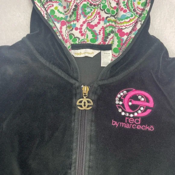 Marc Ecko Red by Marc Ecko Velour Zip Hoodie Black Pink Logo Girls M - Picture 3 of 6